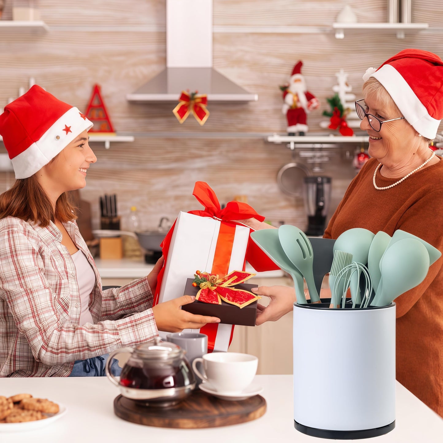 LIBODOUR Kitchen Utensil Holder Extra Large 360°Rotating For Counter Organizer Stainless Steel Storage Cooking Silverware Caddy 3 Compartment Flatware Spoon Spatula Tool Cutlery Container（White）