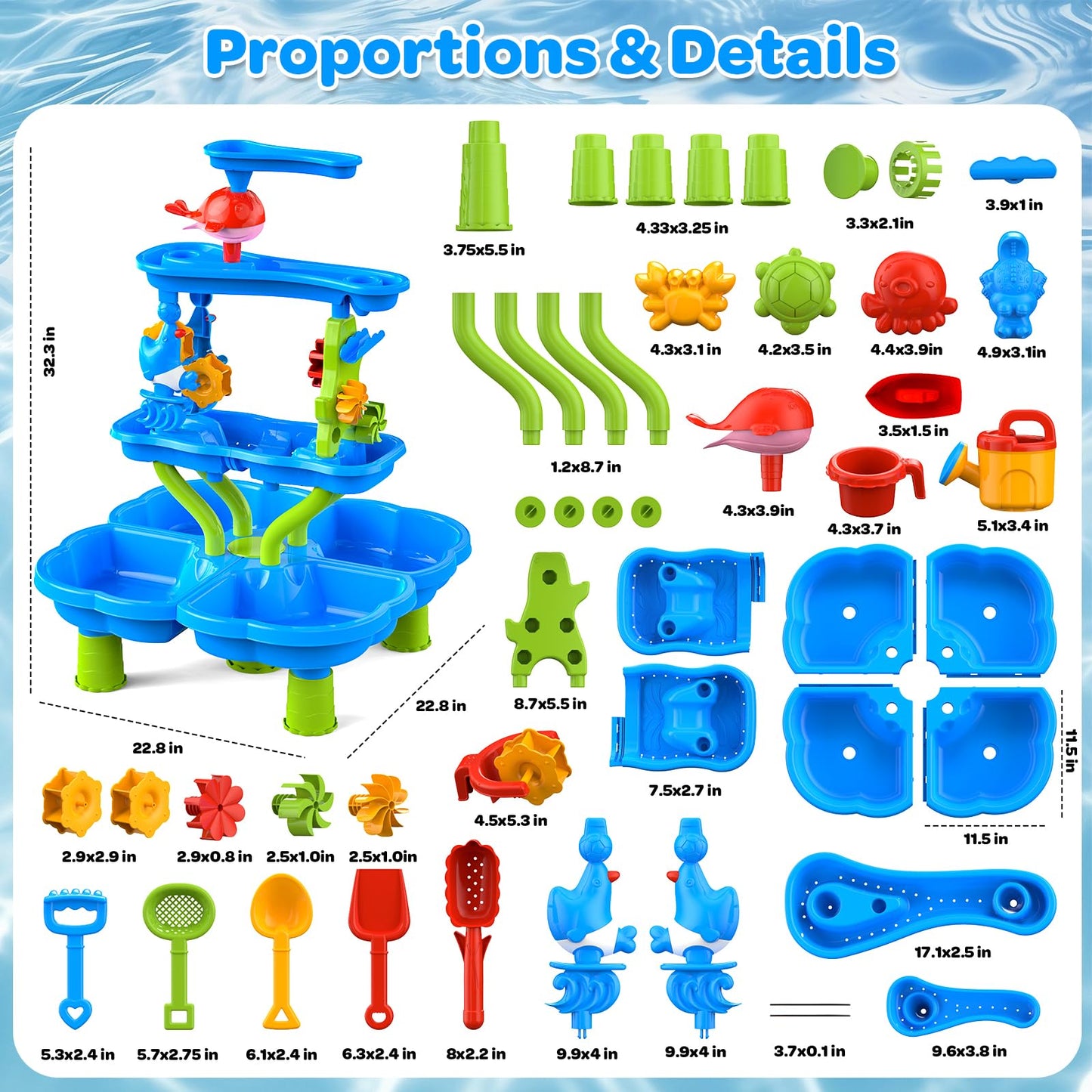 DUONIZAY Water Sand Table for Toddler Kids - 4-Tier Multifunctional Summer Toys,Outdoor Backyard Beach Playset with Stable Design,Sensory Learning Activity Game Gift for Boys Girls(Ocean Blue)