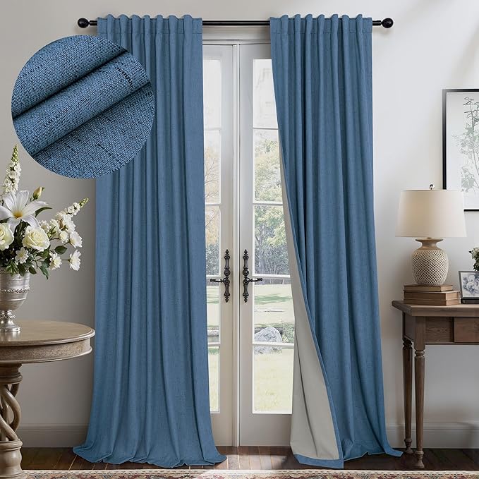 Denim Blue Blackout Drapes 96 Inches Long 2 Panel Burg Cute Linen Textured Modern Farmhouse Living Room Darkening Curtain for Bedroom Viral Sound Deadening Insulated Thermal Back Tab Pleated 96 Length