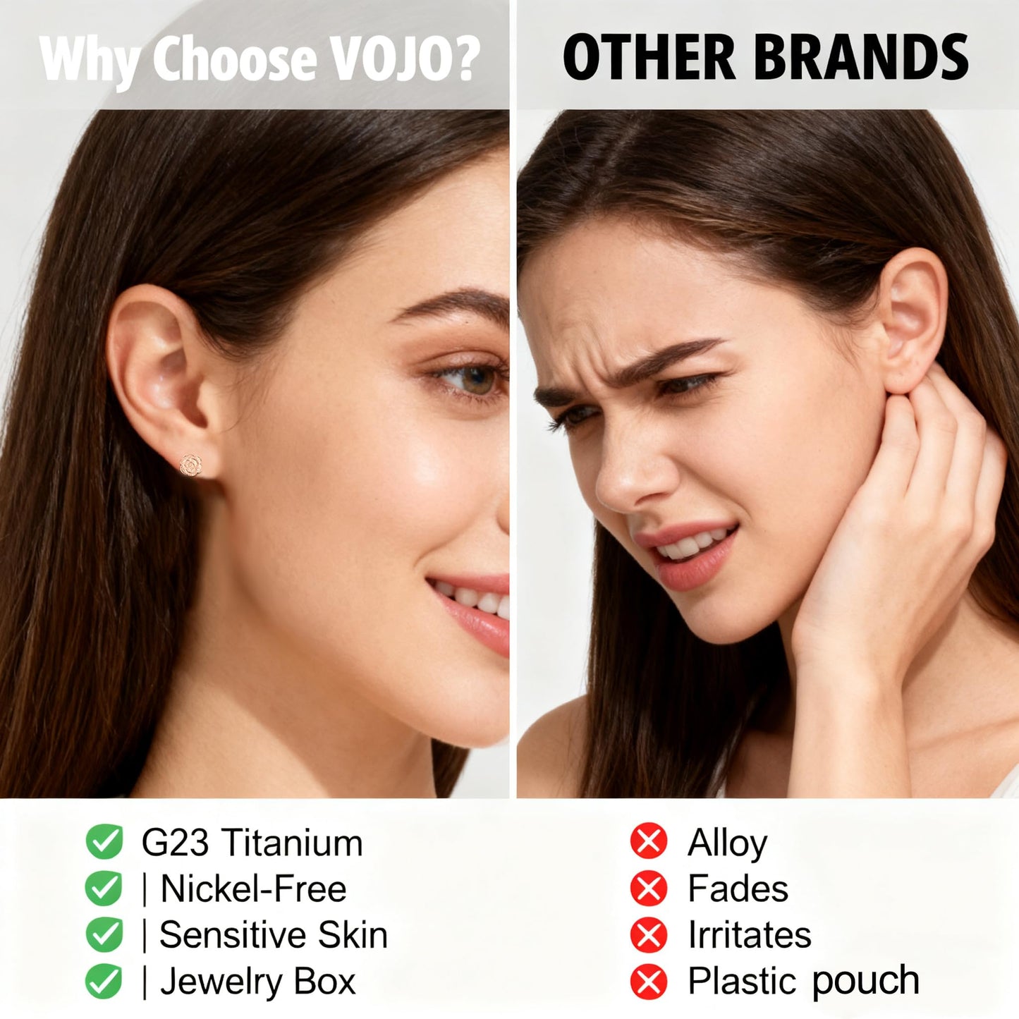 VOJO Implant Grade G23 Titanium Stud Earrings for Sensitive Ears Post Pierced Cartilage Lobe Earring Stud for Women (Rose Gold ROSE)