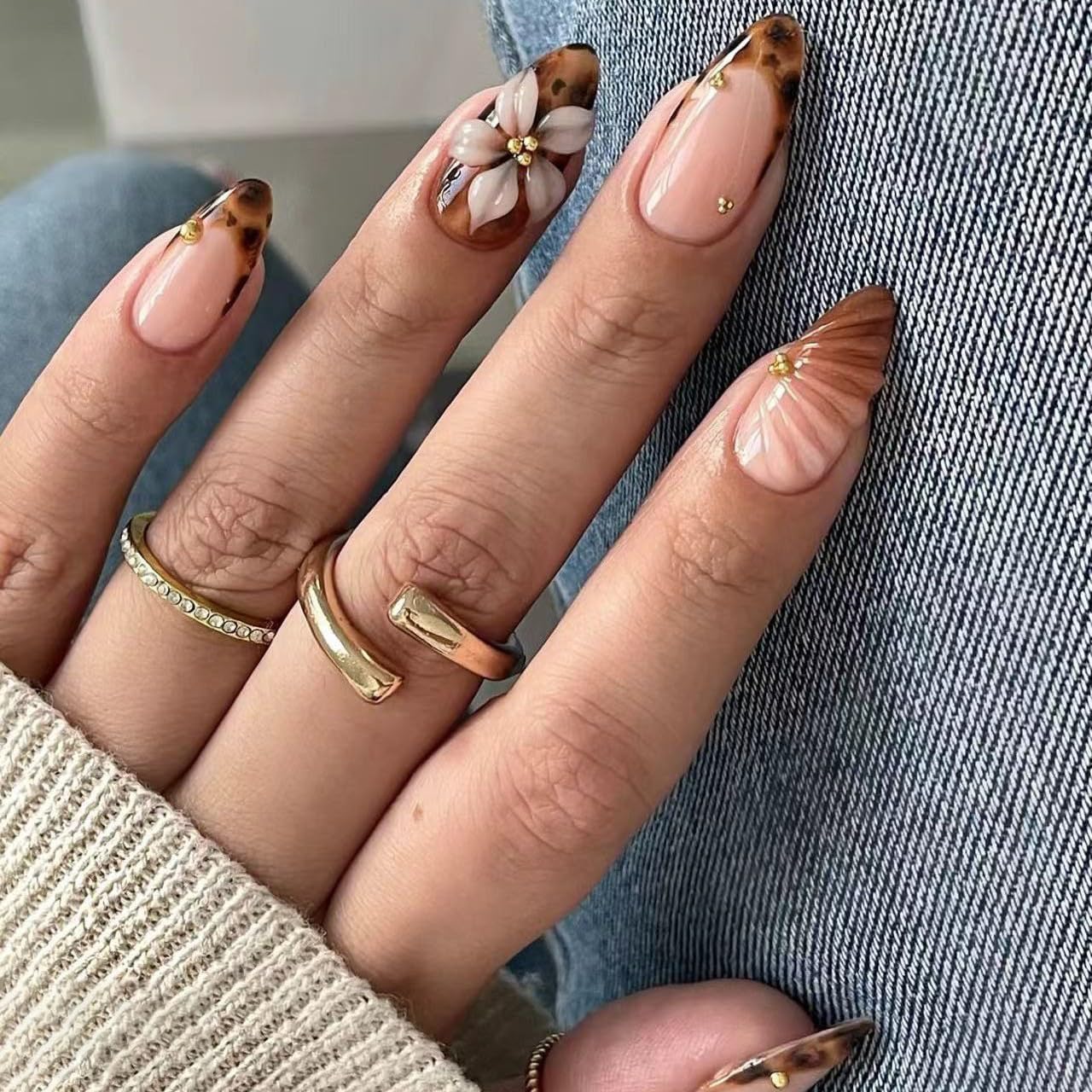 plalely Almond Press on Nails Medium Brown Fake Nail3D Flowers Designs Acrylic Nail Press ons Stick on Nails for Women 24pcs