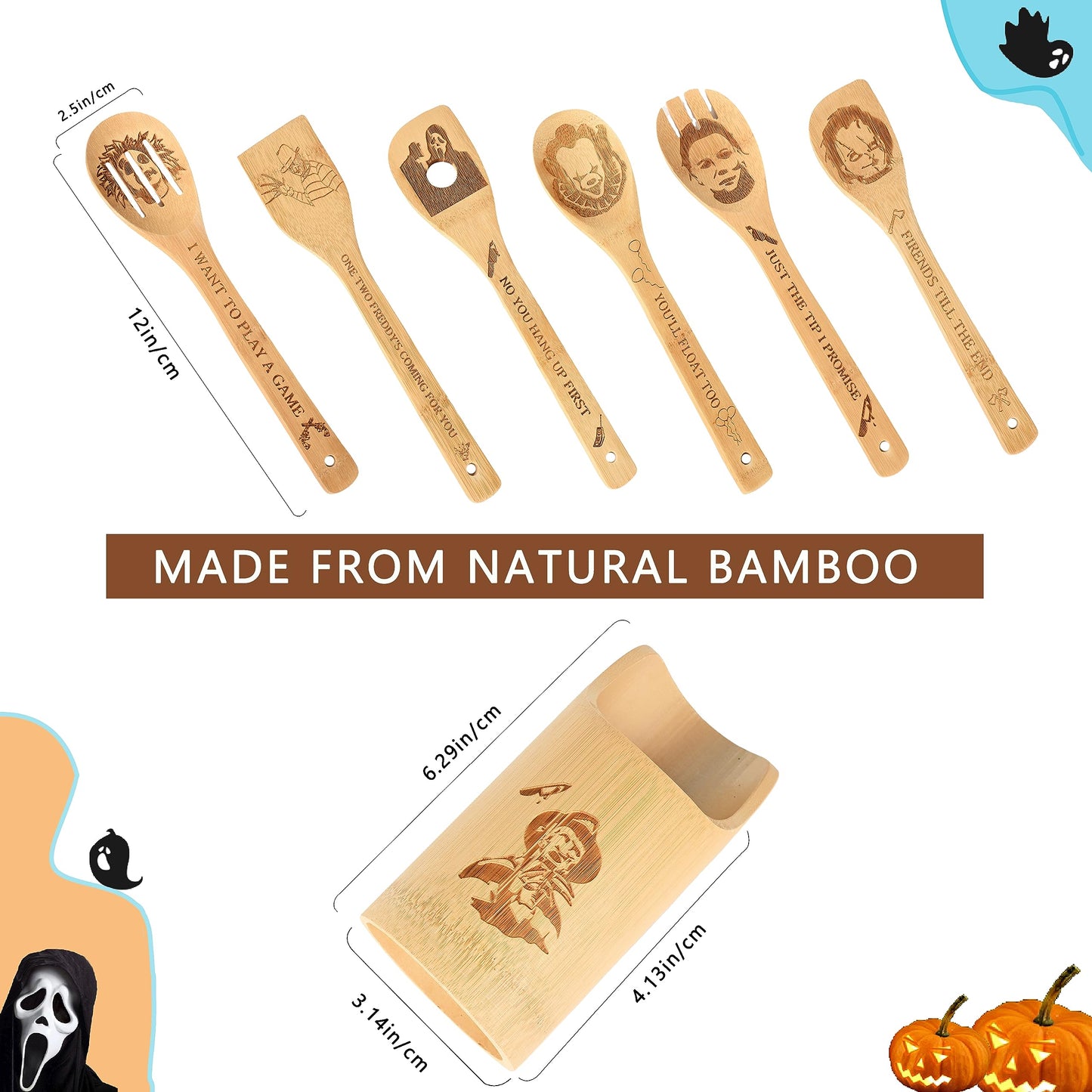 Halloween Bamboo Spoons Set of 7 - Engraved Spooky Wooden Utensils with Holder, Kitchen Decor Gift for Halloween Party Christmas