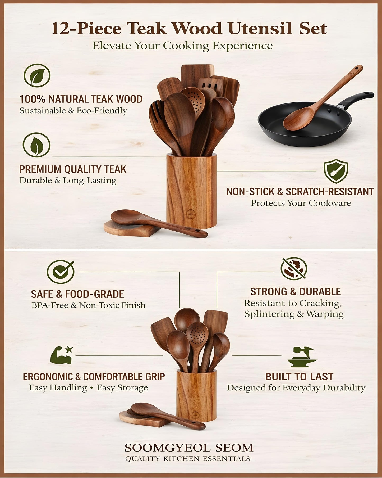12-Piece Natural Teak Wood Utensil Set with Holder & Rest - Nonstick Cooking Spoons, Spurtles, Heat Resistant Tools