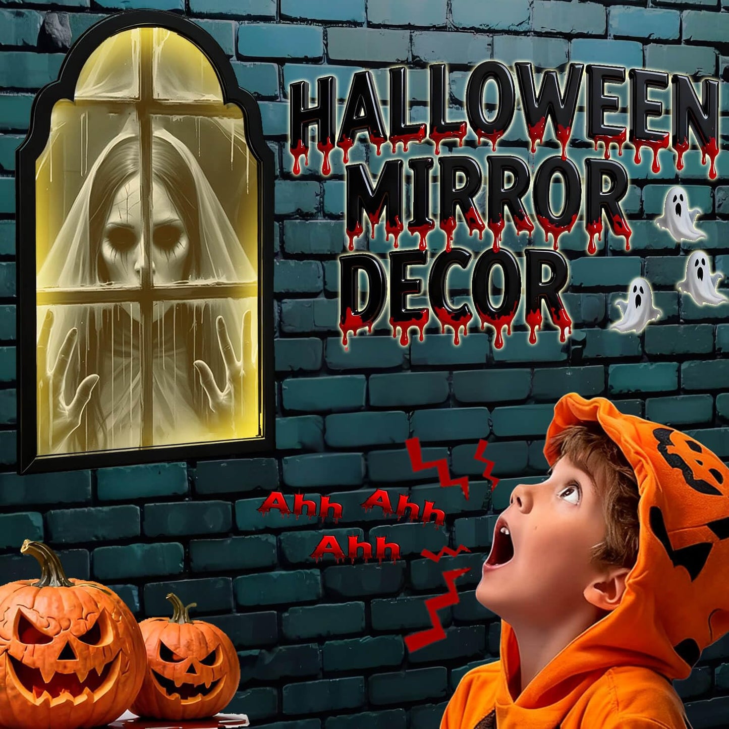 EZTZMCN 2025 Halloween Decorations Indoor - 15" x 9" Ghost Hologram Mirror with Devil's Bride, Spooky Wall Mirror - Decoration for Home Bedroom Party Room