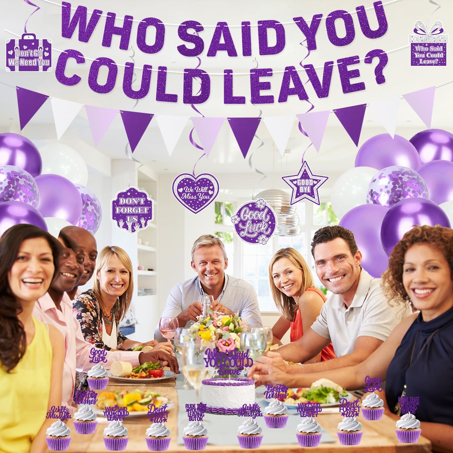Roetyce Farewell Party Decorations, Purple Silver Who Said You Could Leave Banner Cake Toppers Balloons Hanging Swirls, Going Away Retirement Leaving Party Decorations, Coworker Goodbye Party Supplies