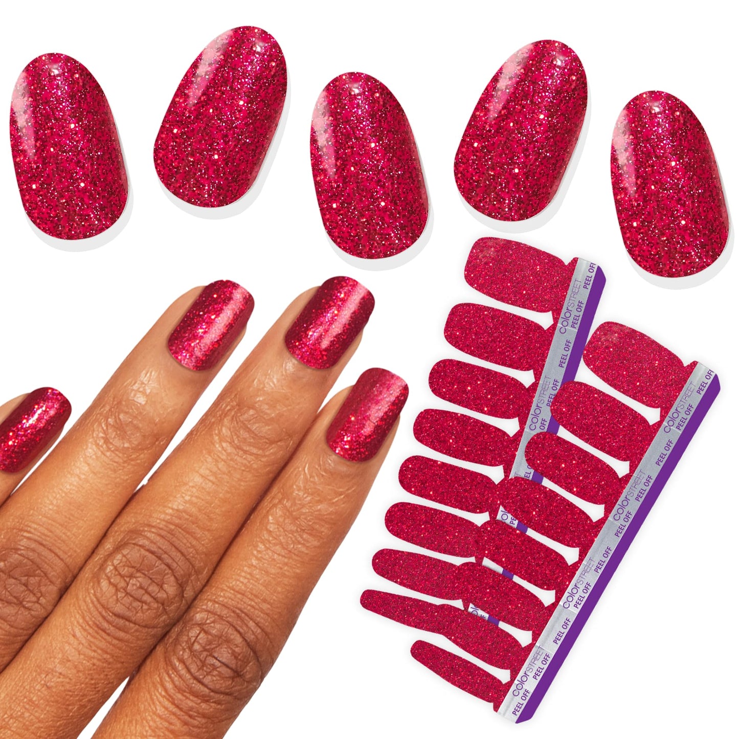 Color Street Cherry on Top Nail Strips - Ruby Red Glitter Finish - 16 Double-Ended Nail Extensions - Quick and Easy Application - Long-Lasting, Salon-Quality Look - No Tools or Dry Time Needed