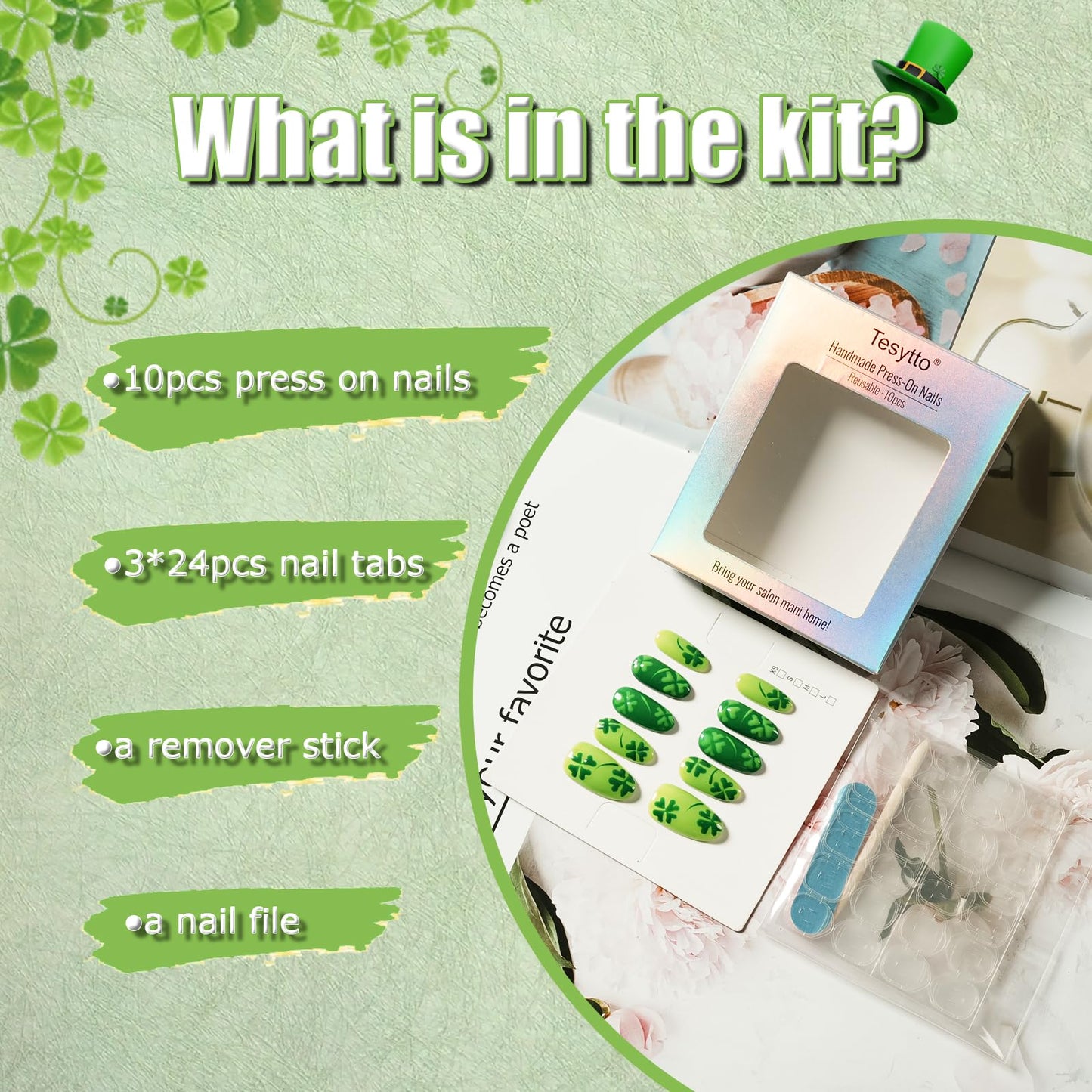 Tesytto Medium Oval Press On Nails, Hand-Painted Green Four-Leaf Clover Design, Glossy Reusable Acrylic Full Cover Nails (Size L)