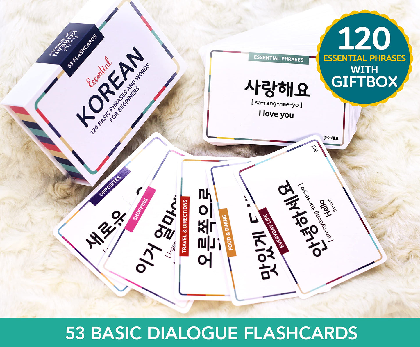 Stellarsol Korean Flashcards for Beginners – 120 Essential Dialogue Phrases & Words – Includes Hangul, Romanization, English, MP3 Audio, Gift Box