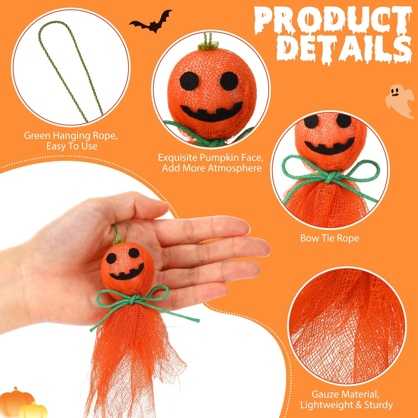 Kinlop 16 Pcs Halloween Pumpkin Hanging Ornaments 3.5 Inch Small Hanging Ghosts Tree Ornaments Orange Cute Pumpkin Decor for Halloween Party Yard Garden Tree Decoration