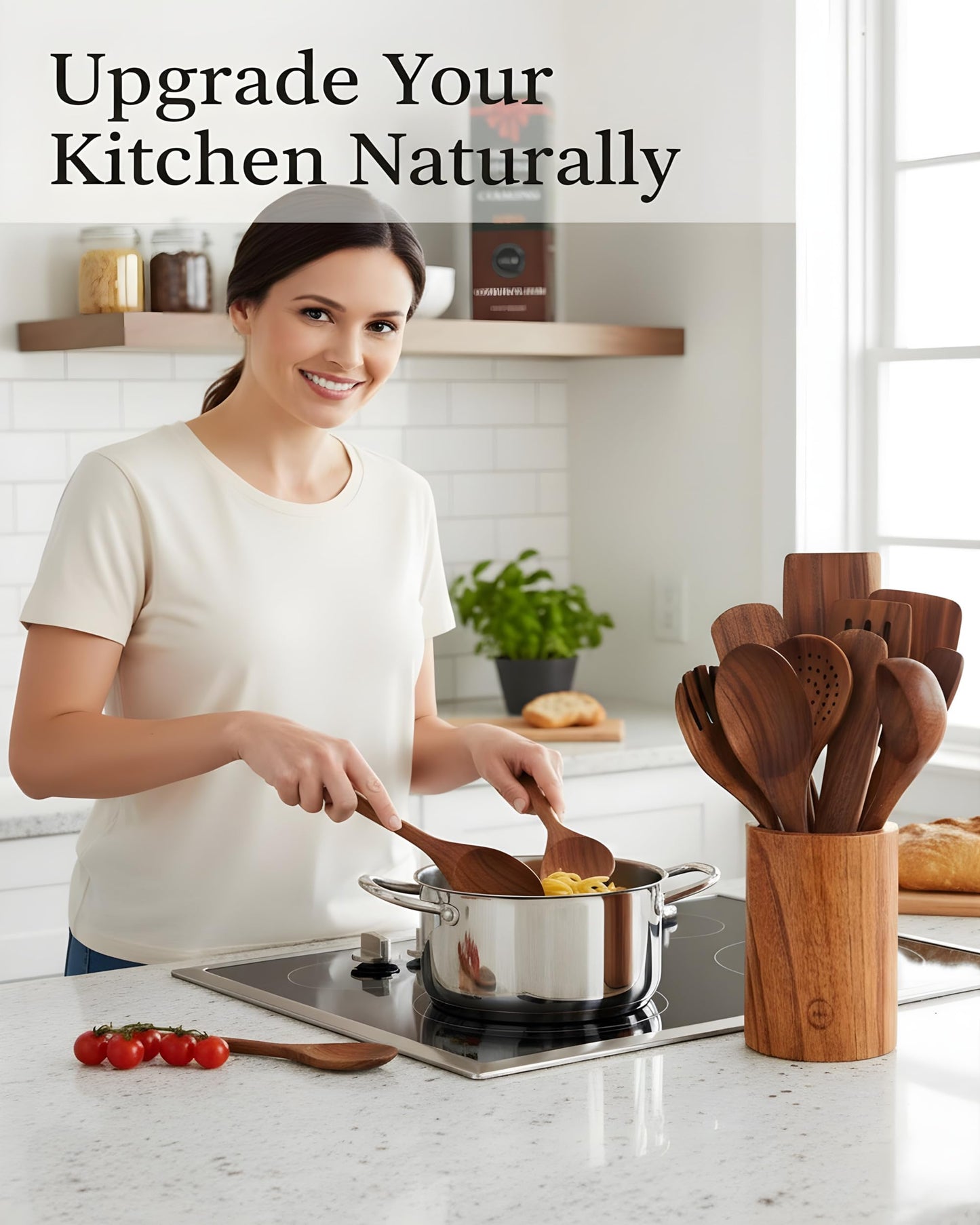 12-Piece Natural Teak Wood Utensil Set with Holder & Rest - Nonstick Cooking Spoons, Spurtles, Heat Resistant Tools