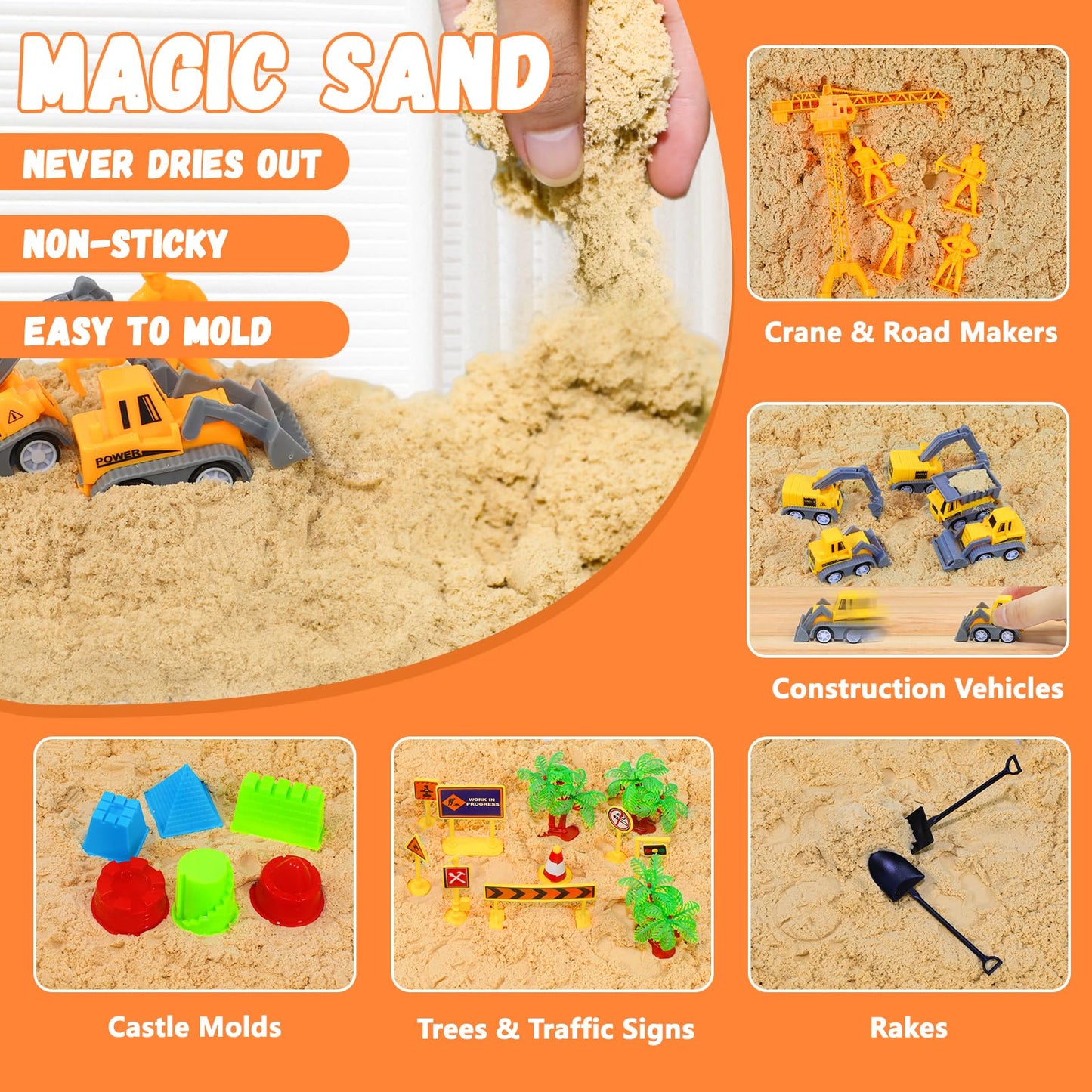 BlingCnsy Construction Sensory Bin with Lid, 2.2lbs Magic Sand & 5 Construction Trucks, Sensory Sand Kit Construction Toys for 3 4 5 6 7 8+ Year Old Boys Toddlers Christmas Birthday Gift