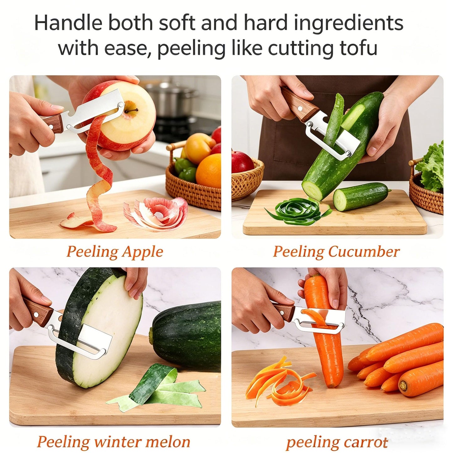 2 Pack 2 in 1 Multi Functional Vegetable Peelers, Kitchen Tool with Wooden Handl and Bottle Opener,Stainless Steel Potato Peelers, Kitchen Fruit & Veggie Peelers with Ergonomic Grip