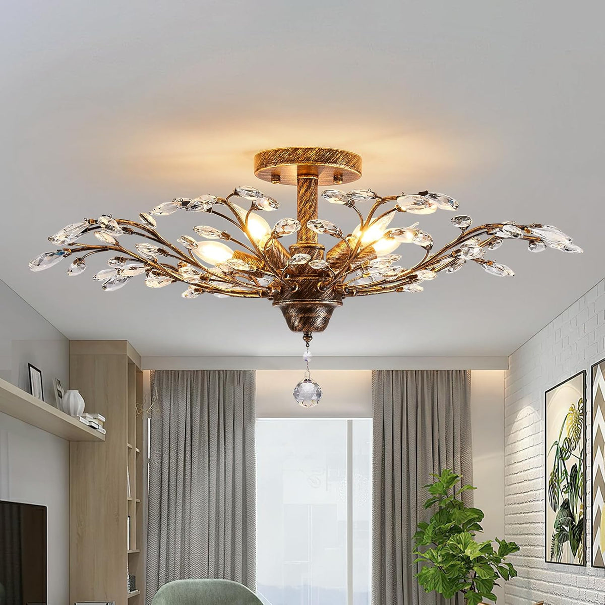 Ganeed Vintage Crystal Chandelier, Modern Bronze Branches Ceiling Light Fixture with 5-Light Heads for Farmhouse Living Room Dinning Room Kitchen Over Table Hallway