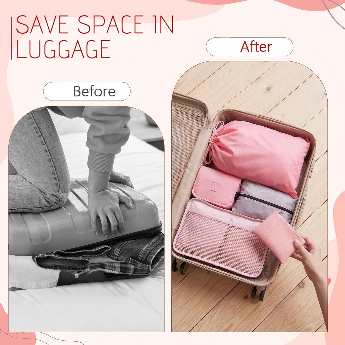 Bulyoou 9 Pcs Packing Cubes Set for Travel with Waterproof Clothing Cubes Toiletry Shoe Laundry Jewelry Bag for Women Men(Light Pink)
