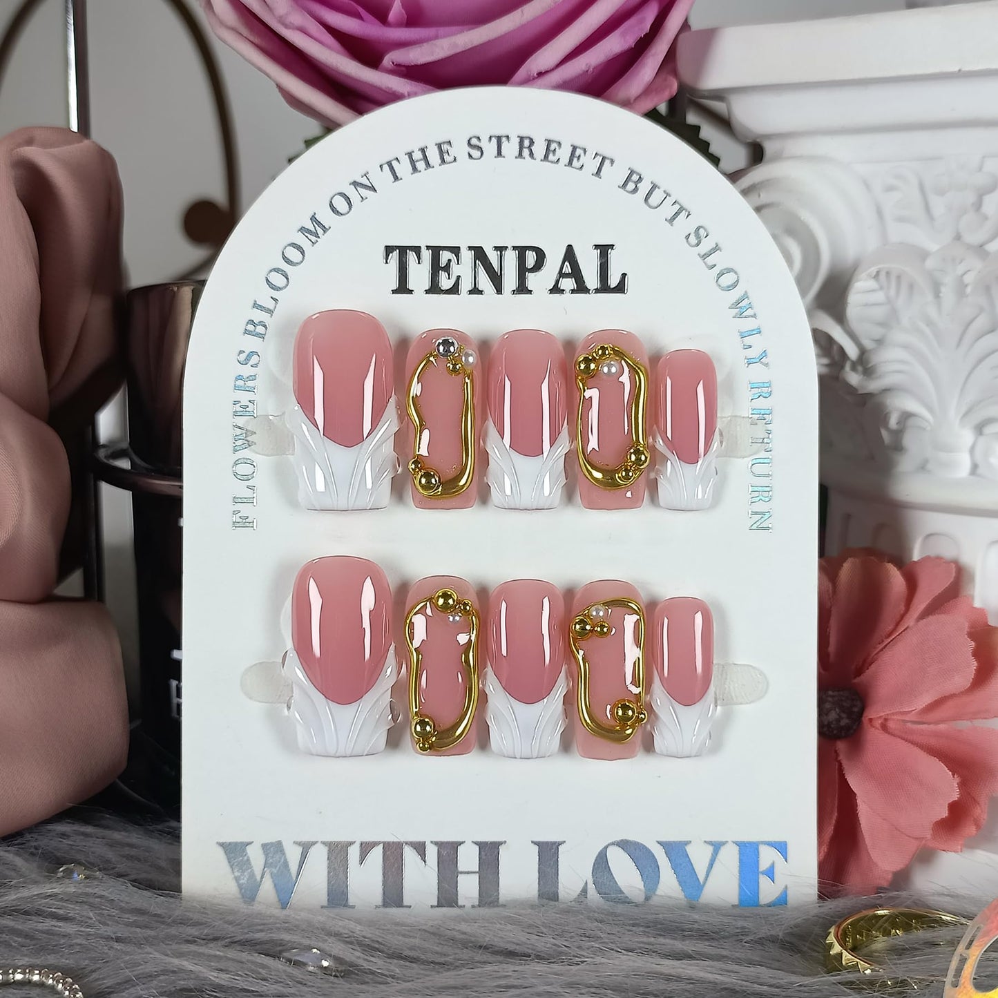 TENPAL Sheer Handmade French Tips Press on Nails Long Square 3D Embossed White Tip Nude Pink Fake Nails for Parties Daily Modern Minimalist Glossy False Nails for Women Gifts 10pcs(S)
