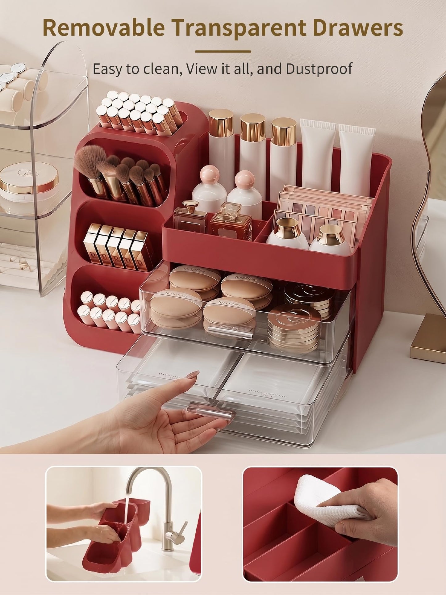Booklov Makeup Organizer for Vanity, Large Capacity Cosmetic Display Case with Clear Acrylic Drawers, Countertop Beauty Storage Holder for Skincare, Brush Eyeshadow Lipstick, Counter Desk, Crystal Red