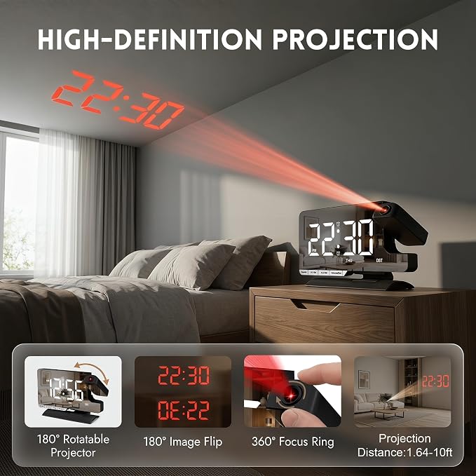 Projection Clock,Alarm Clocks for Bedrooms,7.3" Bedside Clock
