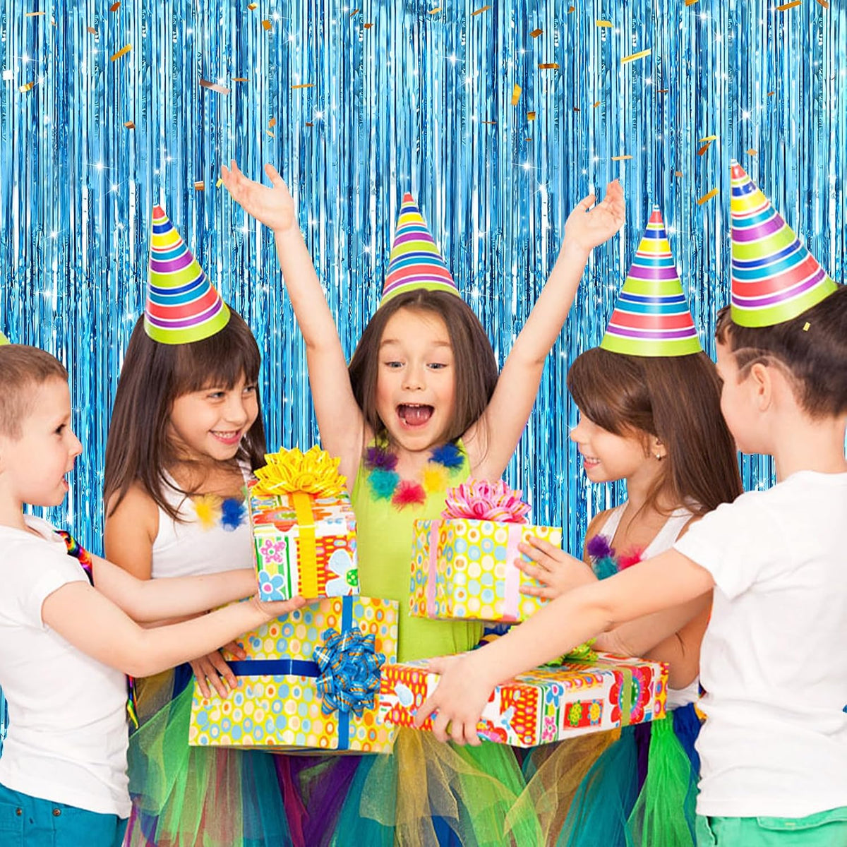 2 Pack Light Blue Metallic Tinsel Foil Fringe Curtains, Door Streamers Photo Booth Backdrop for Birthday Party, Tinsel Curtain Backdrop for Baby Shower Bachelorette Christmas Party Decorations