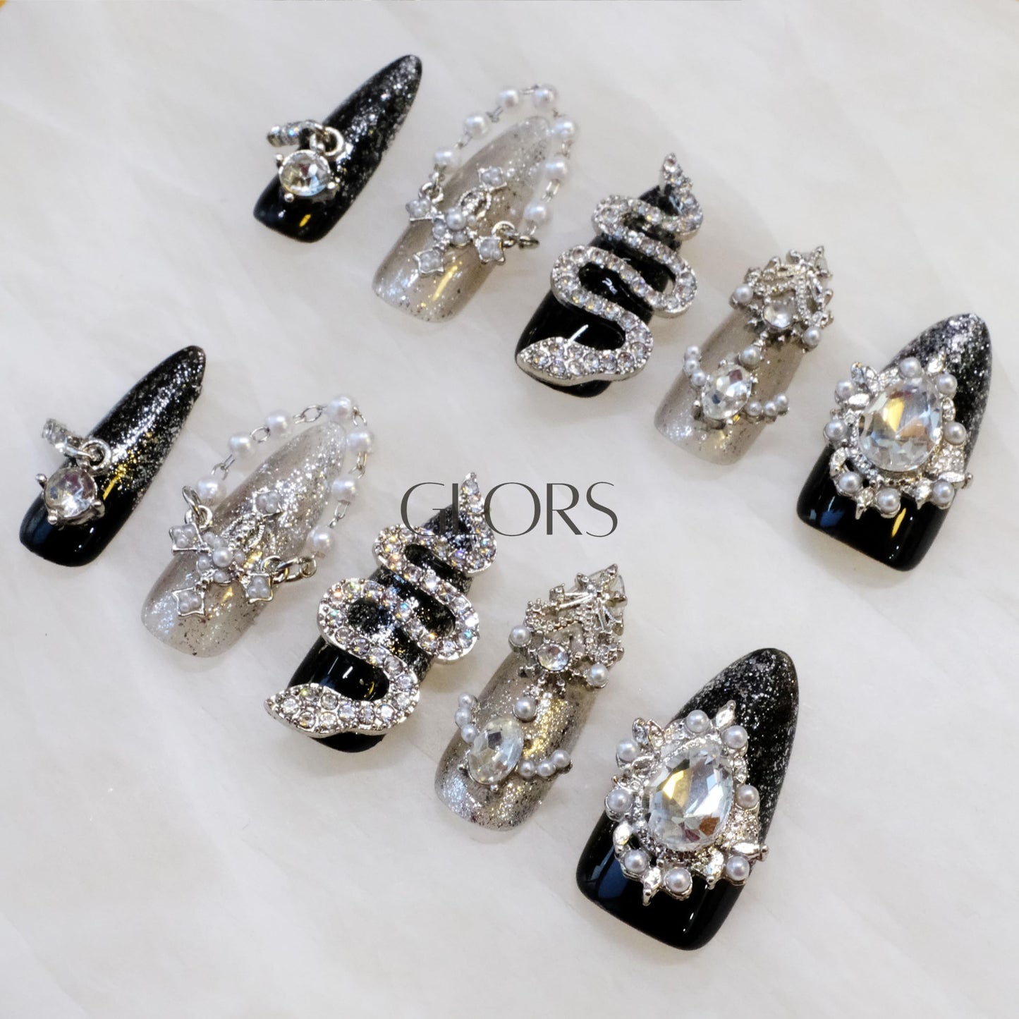 GLORS Luxury Long Almond Press-On Nails, Black and Silver Glitter with 3D Rhinestones and Pearl Accents, Handmade False Nail 10 Pieces (Small, LS)