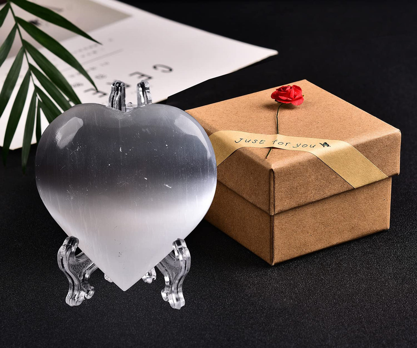 JIC Gem Selenite Heart 2 Inch(60mm) Love Palm Worry Stone Crystals and Healing Stones with Free Display Holder and Gift Box Home Decoration