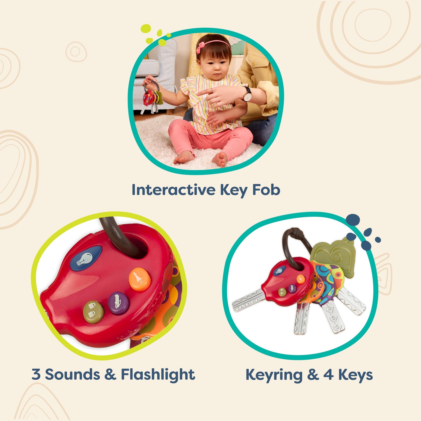 B. toys – LucKeys – Pretend Play Keys – 4 Textured Toy Keys for Babies & Toddlers – Flashlight & Car Sounds – 10+ Months