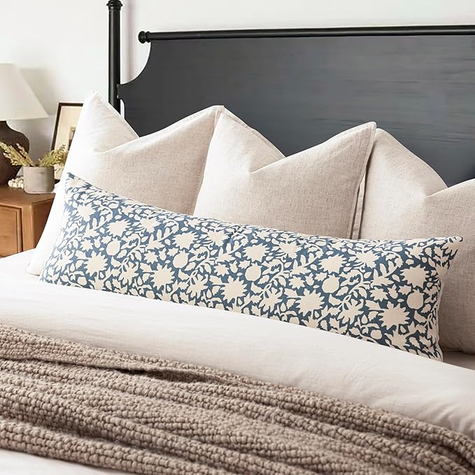 Foindtower Set of 2 Decorative Long Body Lumbar Throw Pillow Covers Accent Farmhouse Cushion Cover Neutral Floral Pillowcase for Couch Sofa Bedroom Living Room Home Decor,14×36 Inch,Dusty Blue
