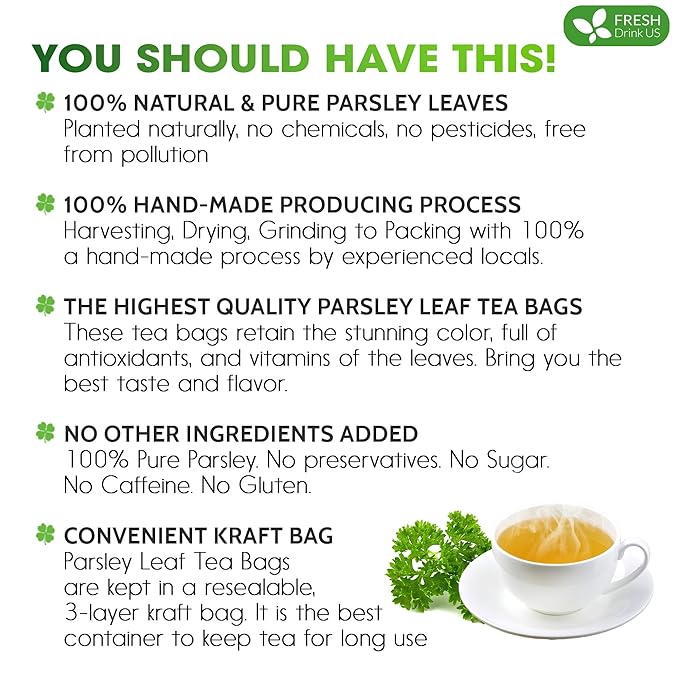 FreshDrinkUS, Premium 75 Parsley Leaf Tea Bags, 100% Natural & Pure from Parsley Leaves. Loose Leaf Parsley Herbal Tea. Made with Natural Material Tea Bags. No Sugar, No Caffeine, No Gluten, Vegan.