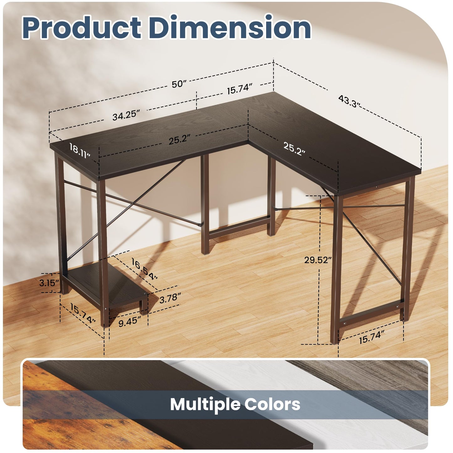 DUMOS L Shaped Desk, Computer Gaming Desks Corner Office Table with CPU Shelf for Home Study Writing Work Station 50 Inch, Black