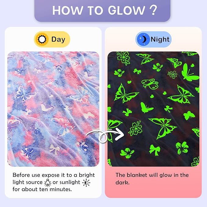 SOCHOW Butterfly Glow in The Dark Blanket for Daughters, Toys for 3-10 Year Old Birthday Presents, Soft Cozy Flannel Throw Blanket for Preteens Teens, Purple 60 x 80 Inches