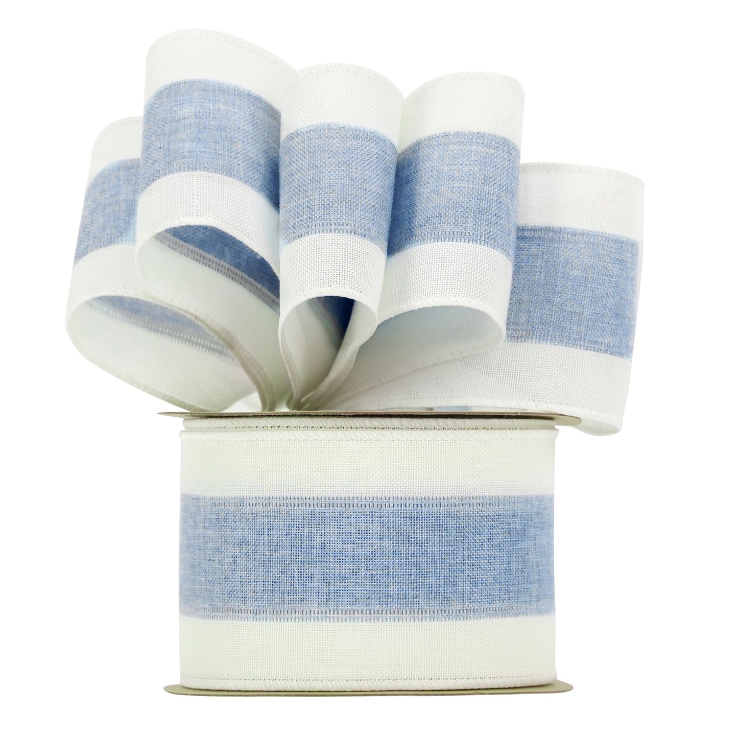 MEEDEE Blue and White Stripe Ribbon Wired 2.5 Inch Light Blue Burlap Ribbons with Ivory Stripe Edge Wreath Supplies, Baby Shower Decorations, Crafts Bow Making (10 Yards)