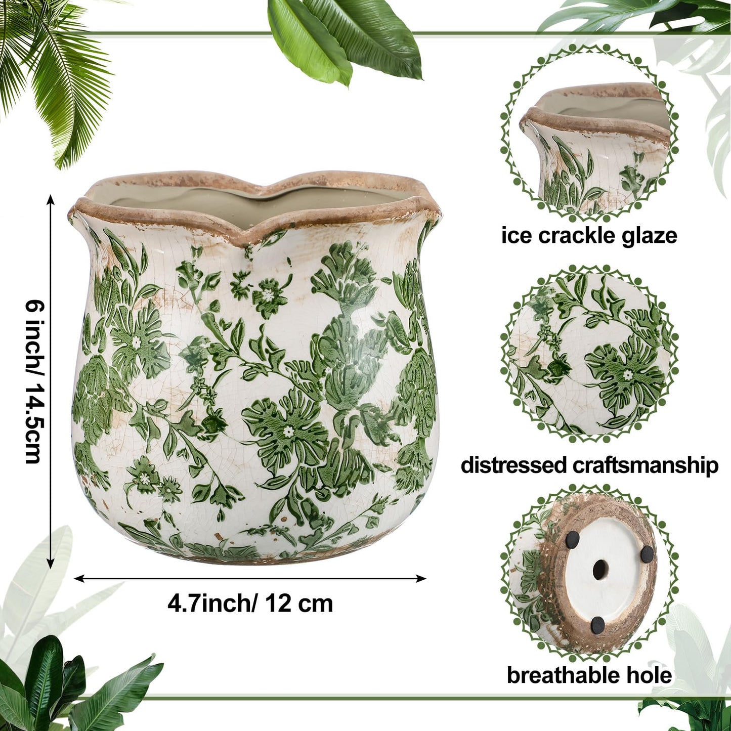 Newtay 6 Inch Ceramic Planter Green Scroll Planter Decorative Plant Pots with Crackle Glaze for Home Garden Kitchen