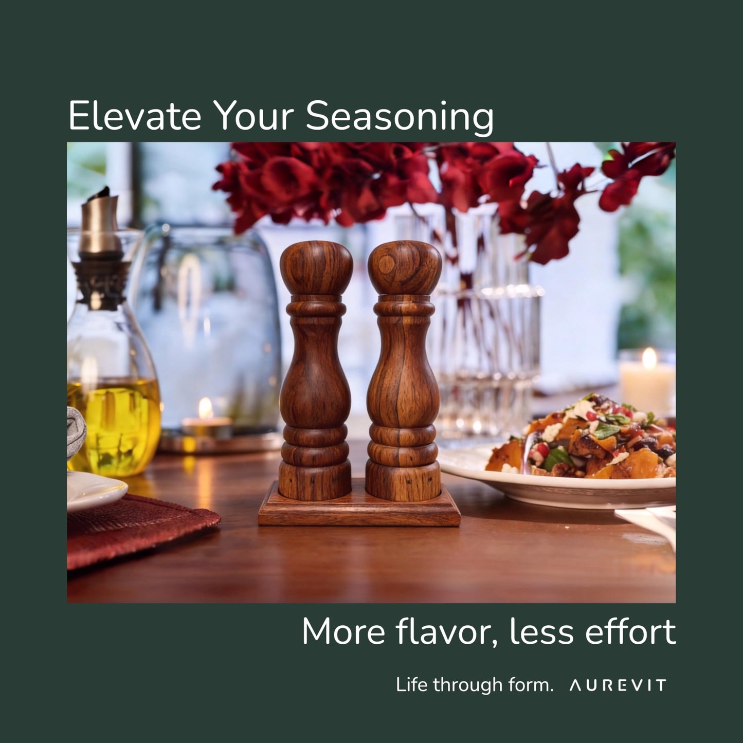 Aurevit Wooden Salt and Pepper Grinder Set, Manual Salt and Pepper Mill with Ceramic/Stainless Steel Core, Refillable Salt Grinder with External Adjustable Coarseness, 9” Tall (Beech)