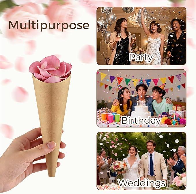 Wedding Confetti Cone Stand Box with Dried Rose Flowers(6 Litres), Includes 2 Biodegradable Cardboard Party Confetti Cone Holder of 24 Holes Each with 48 Cone Papers, Confetti Gift Box for Decoration