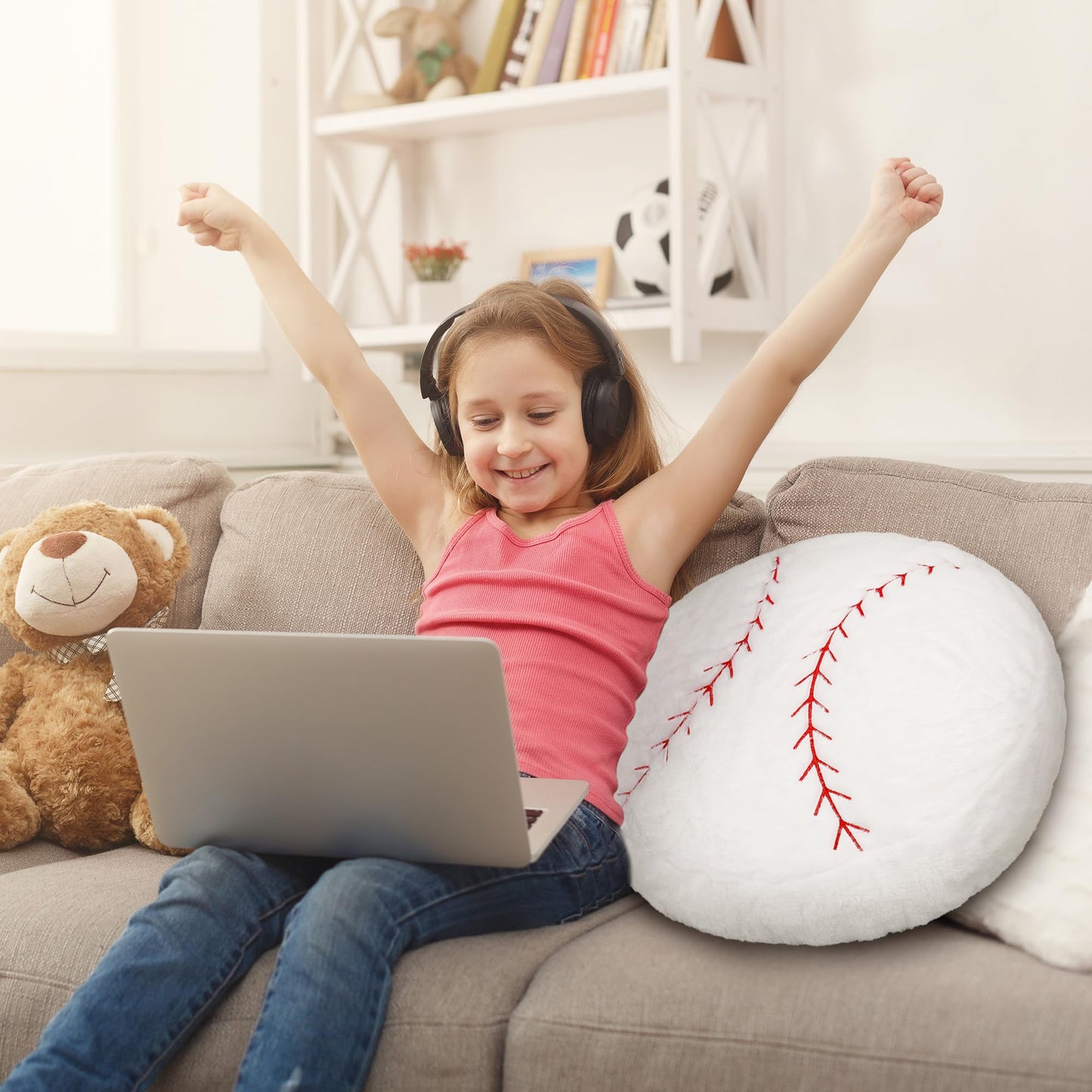 OurHonor Baseball Plush, 18 inch Baseball Pillow Soft Fluffy Football Stuffed Plushies Toy Comfortable Cushion Room Decorations Party Gift for Boy & Girls