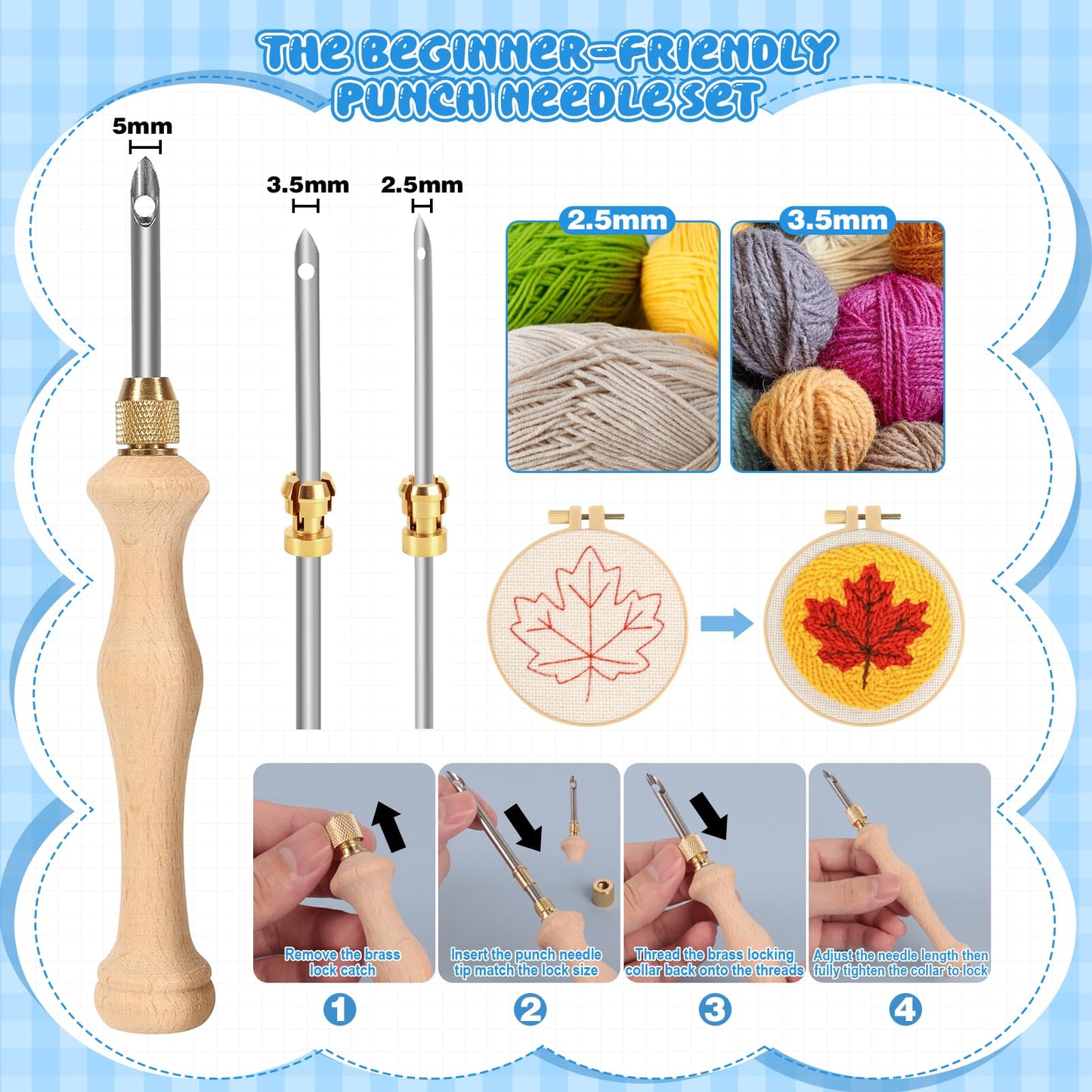 35Pcs Punch Needle Kit Adult Beginner, Adjustable Punch Needle Tool with Different Size Needles & Storage Case, Wooden Handle Embroidery Pen Set for Gifts, Decoration & DIY Craft Project