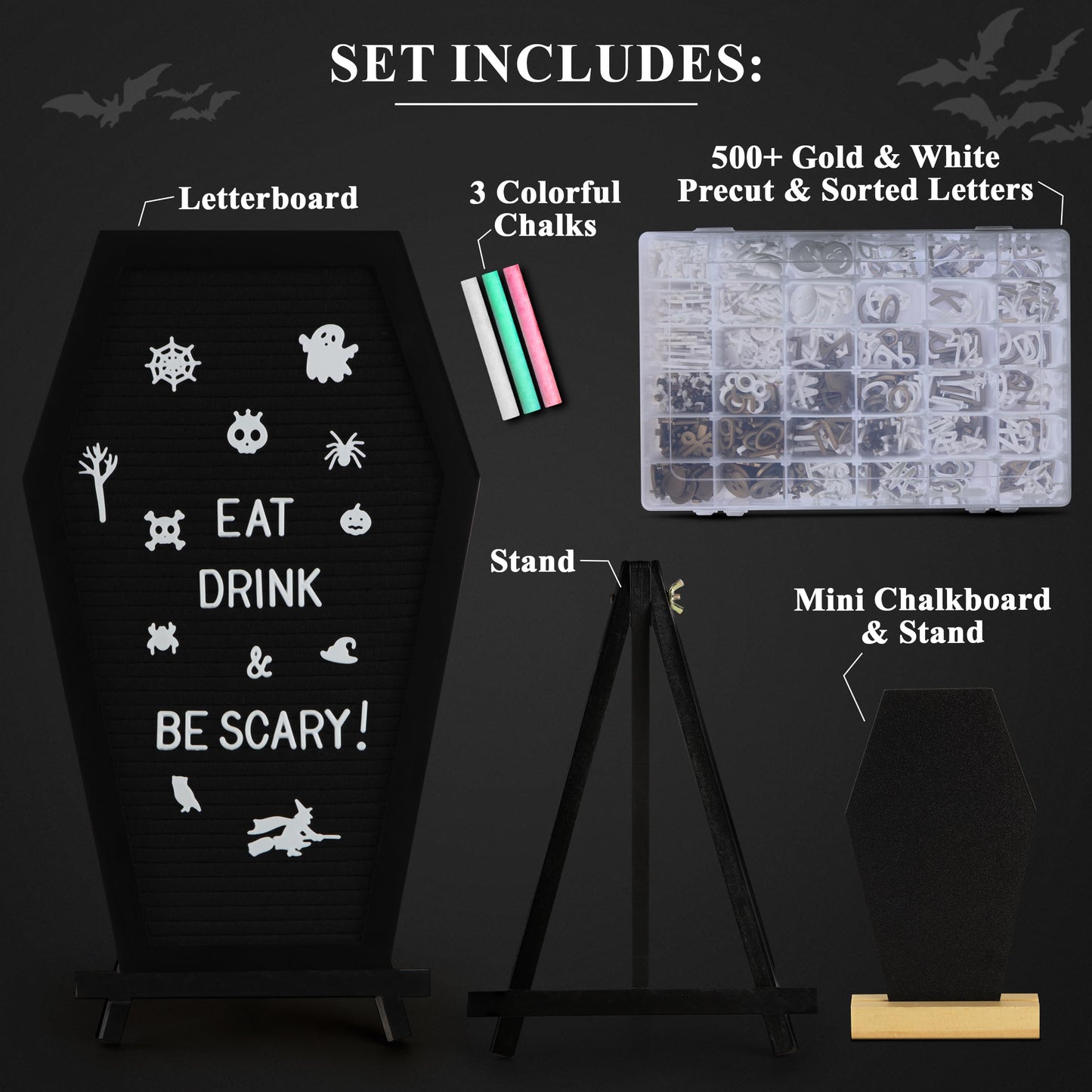3 in 1 Coffin Letter Board with Precut, Presorted 500 Letters & Emojis + Mini Coffin Board, Gothic Halloween Decor - Spooky 17x10.5 inches Felt Letter Board - Manny's Mysterious Oddities