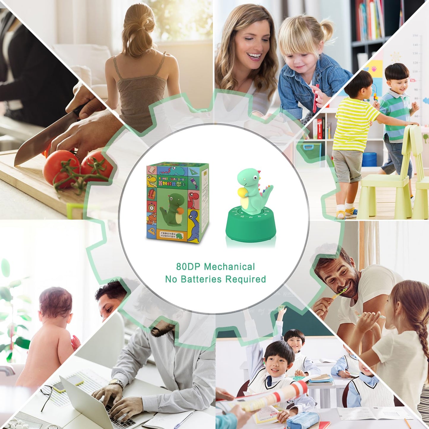 ELE DEPI 60 Minutes Mechanical Kitchen Timer,Cute Dinosaur Timer for Kids,Wind Up Egg Timer for Cooking,Reading,Classroom and Do Sports. (Light Green)