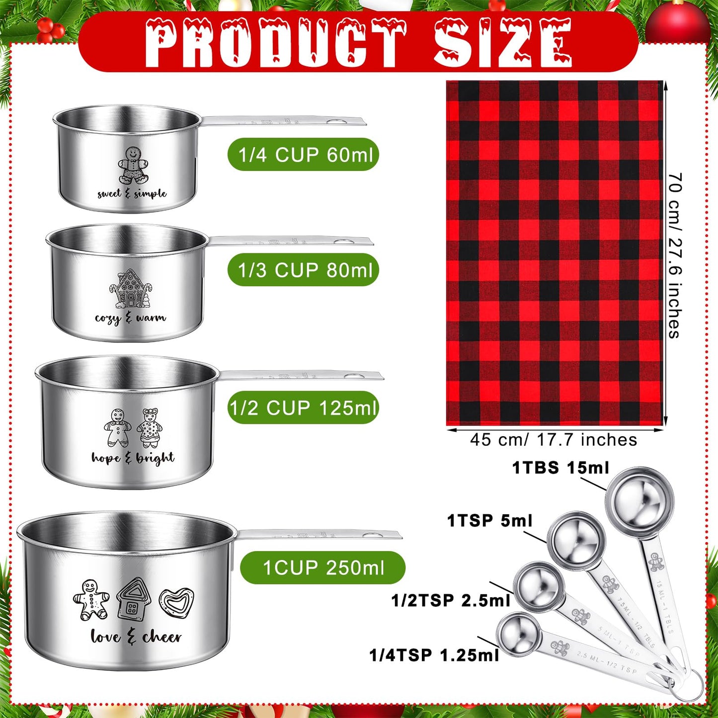 Nuogo 10 Pcs Christmas Measuring Cups and Spoons Set Christmas Gift Box Include 4 Stainless Steel Measuring Cups 4 Measuring Spoons and 1 Red and Black Plaid Towel Xmas Gift for Women