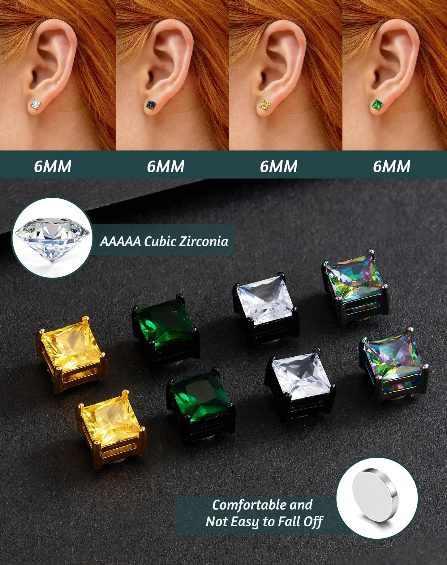 SIISPRI 4 Pairs Stainless Steel Magnetic Stud Earrings for Men Women Hypoallergenic Inlaid Cubic Zirconia Unisex Non-Piercing Clip On Stud Diamond Earrings Set