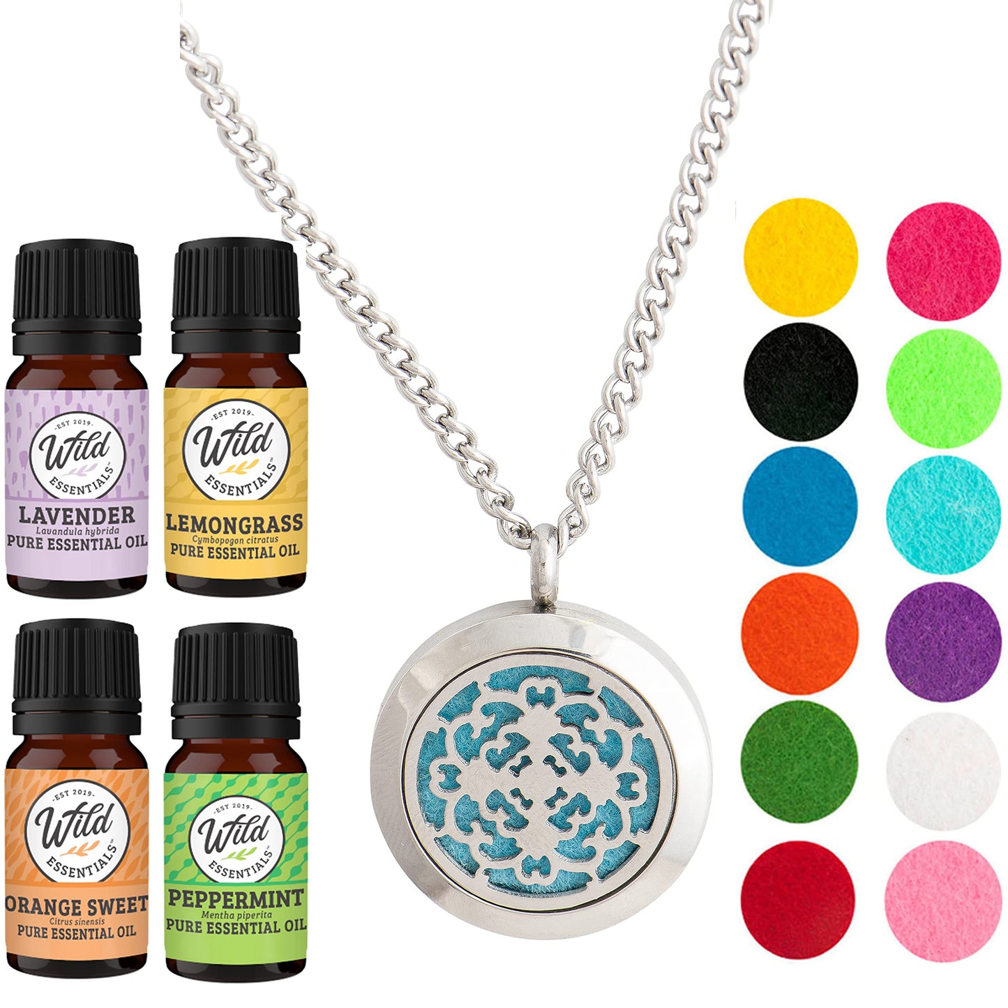 Wild Essentials Cross Necklace Essential Oil Diffuser Kit with Lavender, Lemongrass, Peppermint, Orange Oils, 12 Refill Pads, Calming Aromatherapy Gift Set, Customizable Color Changing, Perfume