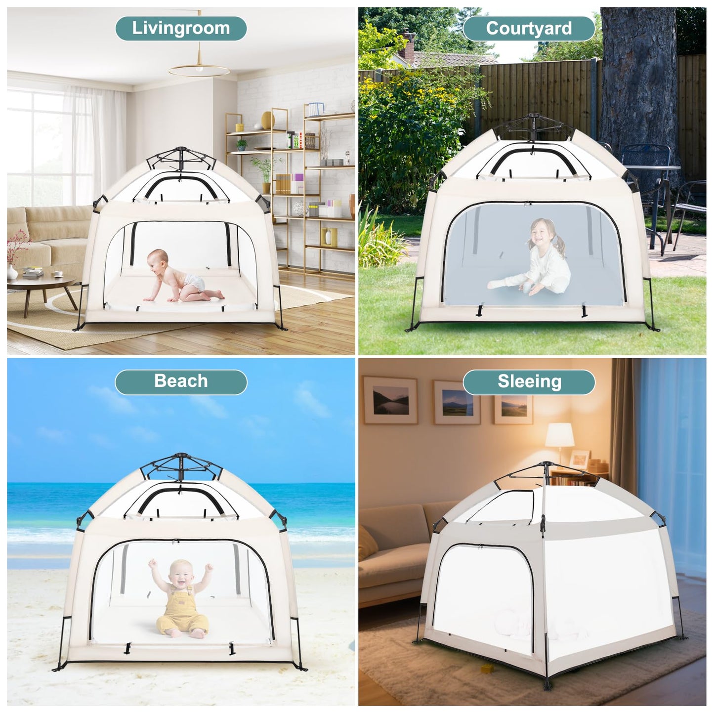 Bend River Portable Baby Playpen with Canopy, Infant Play Yard, Beach Tent, Mosquito Net for Indoor and Outdoor (Beige)