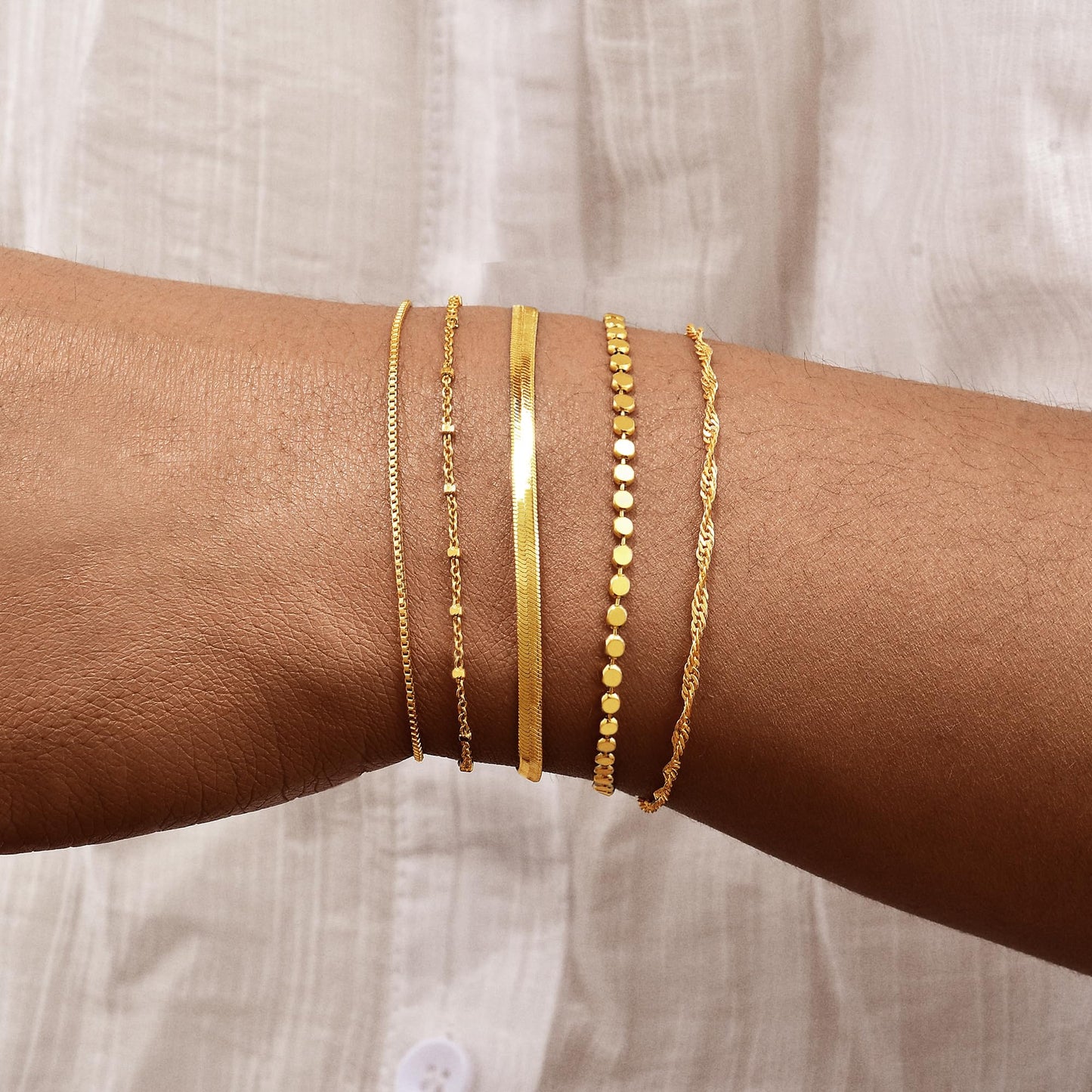 Striviio Gold Bracelets for Women, 14K Gold Plated Stackable Bracelet Stack Set Adjustable Charm Small Square Chain Snake Link Layered Waterproof Jewelry Sets Gifts