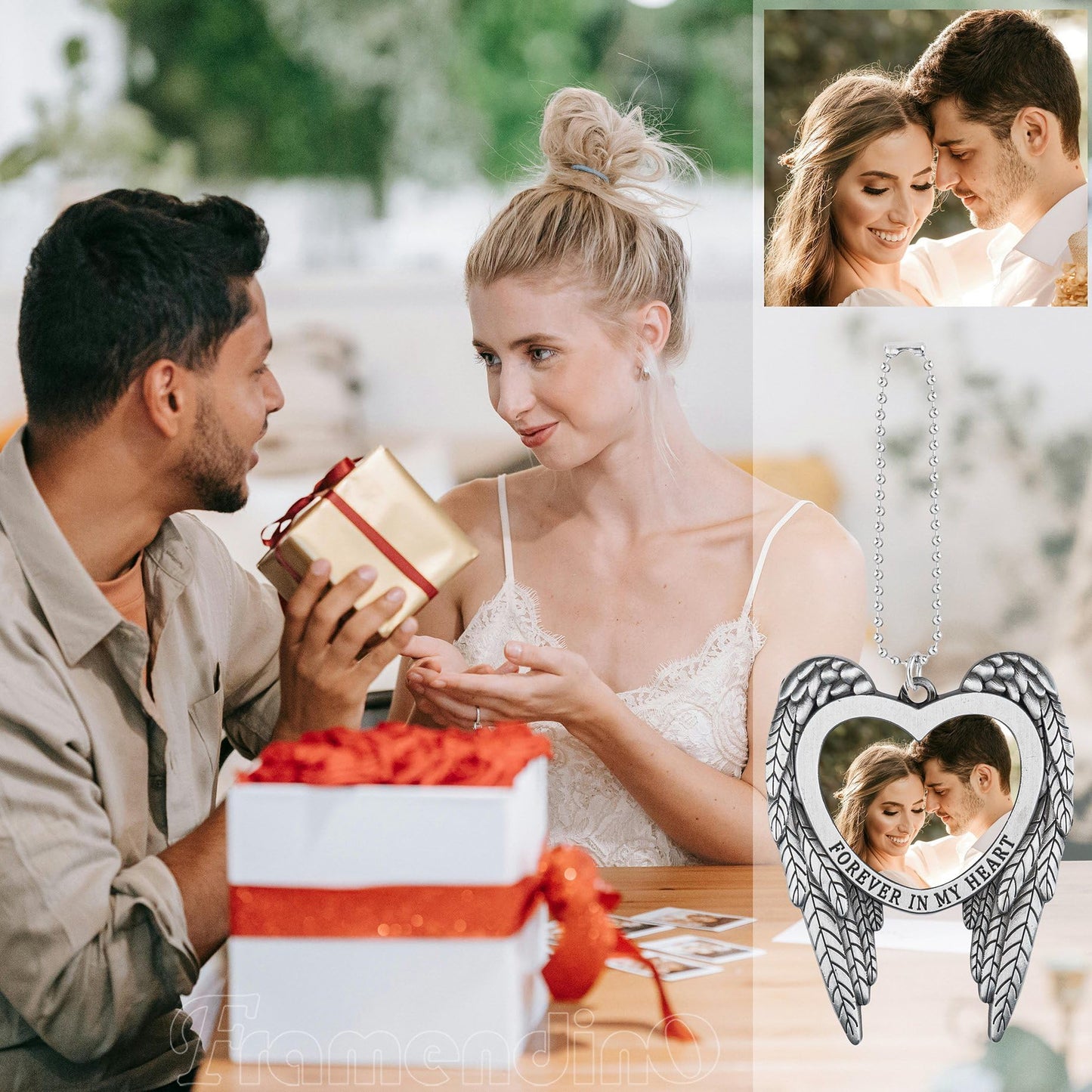 Framendino, 4 Pack Silver Angel Wing Pendant Love Heart Personalized Car Hanging Ornament with Sublimation Blank Heat Transfer Photo for Home Window