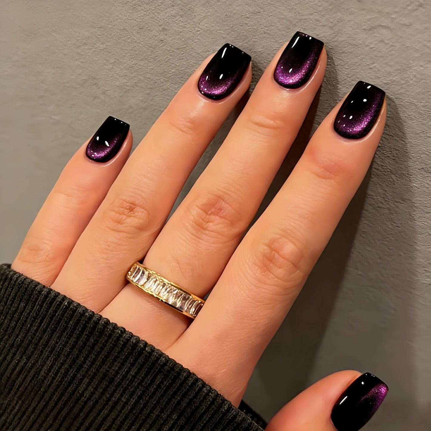 KQueenest Cat Eye Press On Nails Short - Dark Pink Press On Nails Square, 30 Pcs 15 Sizes Glitter Black Fake Nails Press ons, Thick Quality, Reusable Small Glue on Nail for Women Goth Party