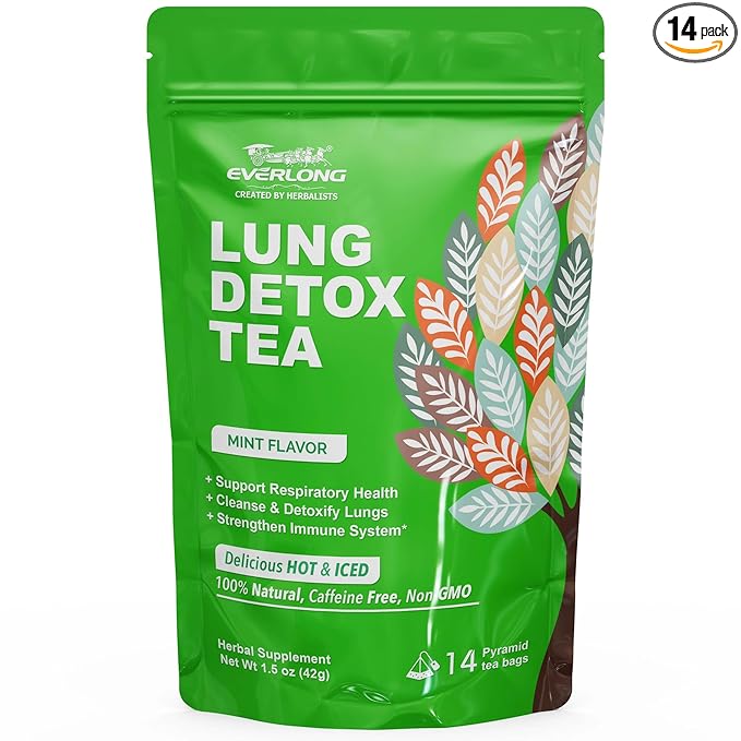 EVERLONG Lung Detox Tea – Mullein Tea with Thyme, Ginseng, Lungwort, Eucalyptus, Liquorice, Spearmint and Sage for Lung Cleanse and Respiratory Health – 14 Herbal Tea Bags, All Natural, Caffeine-Free