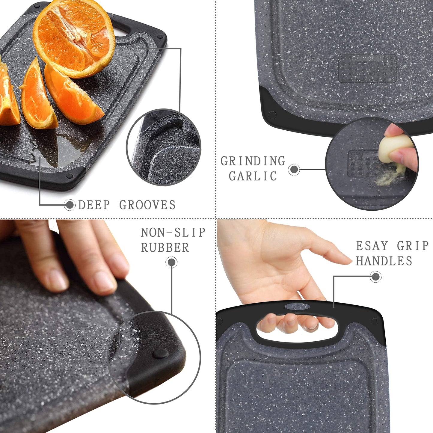 Viretang Plastic Cutting Boards Set of 3 Extra Large for Kitchen, Thick Chopping Board with Deep Juice Grooves, Non‑Slip Feet, Easy Grip Handle, BPA Free, Dishwasher Safe,Black