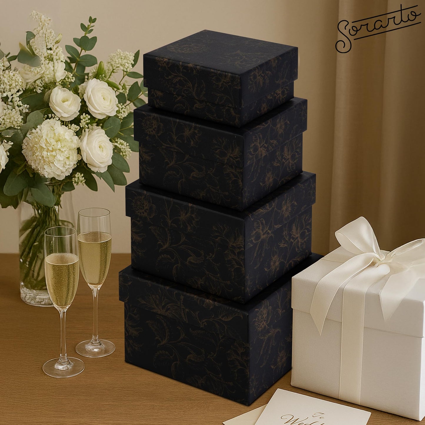 Sorarto Square Gift Boxes with Lids 4pc Set | Black Gold Floral Nesting Gift Boxes for Presents Birthday Wedding Bridesmaid Christmas