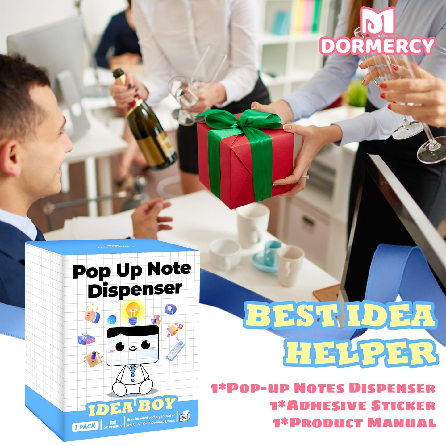 Dormercy Pop-up Notes Dispenser for Desk, Idea Boy Sticky Note Holder for Office School, Cute Office Supplies, 3x3 in, Magnetic Design, White, 1 Pack