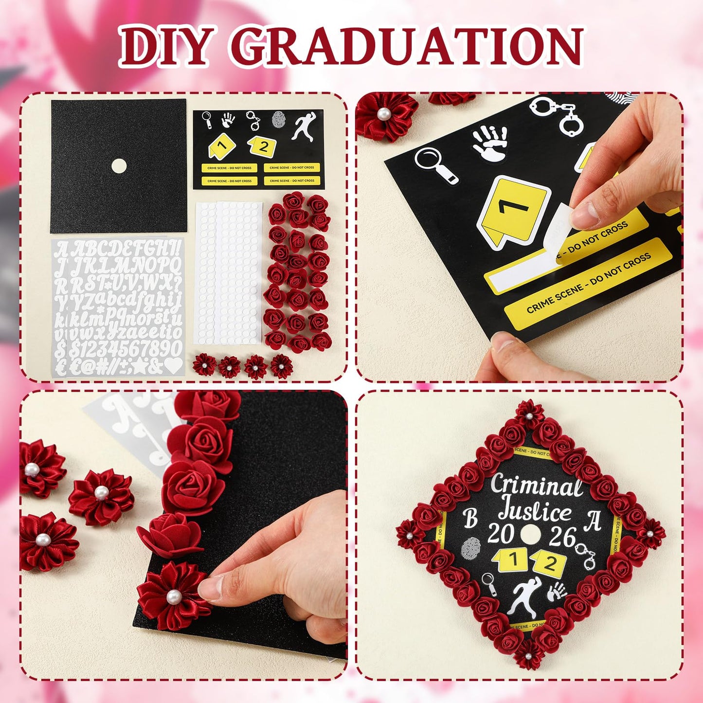 Dunzoom 39 Pcs Criminal Justice DIY Graduation Cap Decorations Set Grad Cap Topper Artificial Flowers Crime Scene-themed Number & Letter Stickers for Wreath Grad Hap Graduation Ceremony Party Supplies