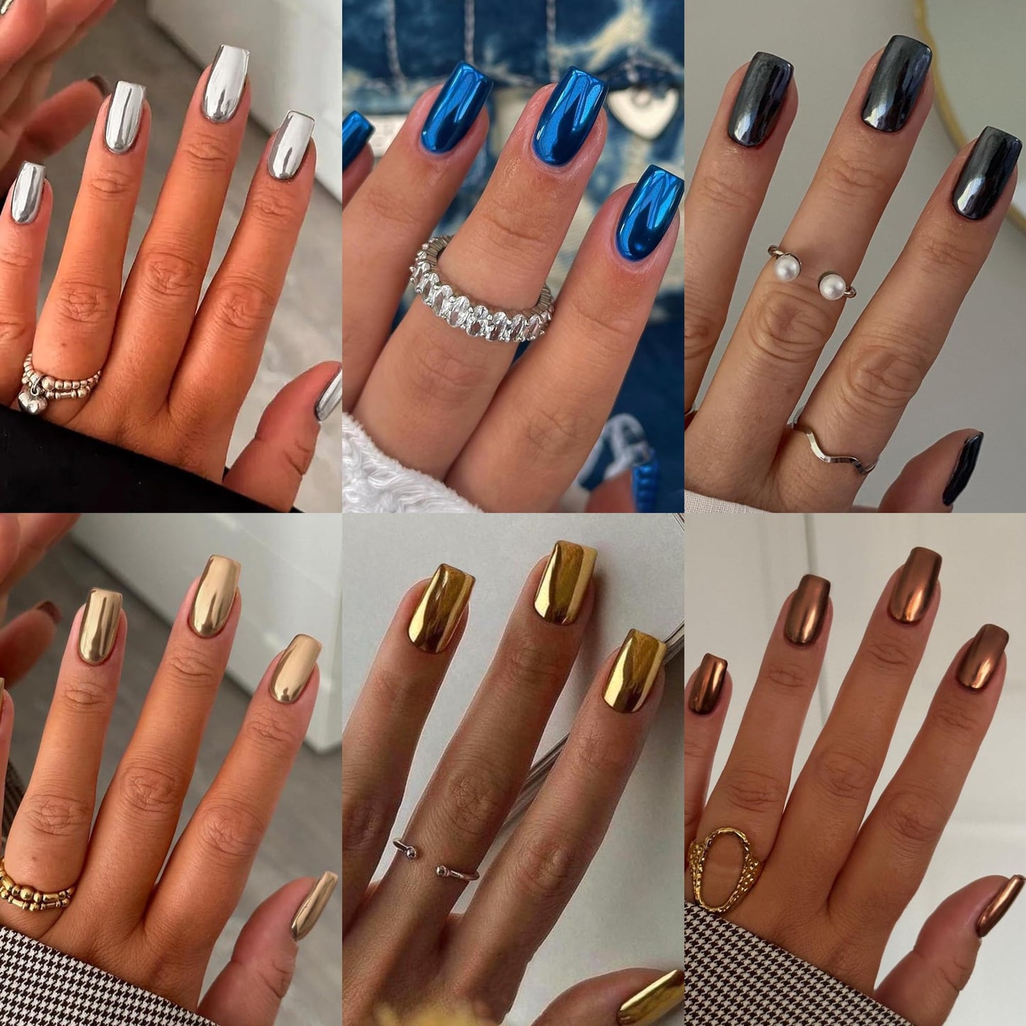 6 Packs Chrome Press On Nails Short Medium, KQueenest Acrylic Press On Nails Square, Short Fake Nails Press Ons, Metallic Glitter Glue on Nails Stick On Nails for Women Birthday Party Gift in 144 Pcs